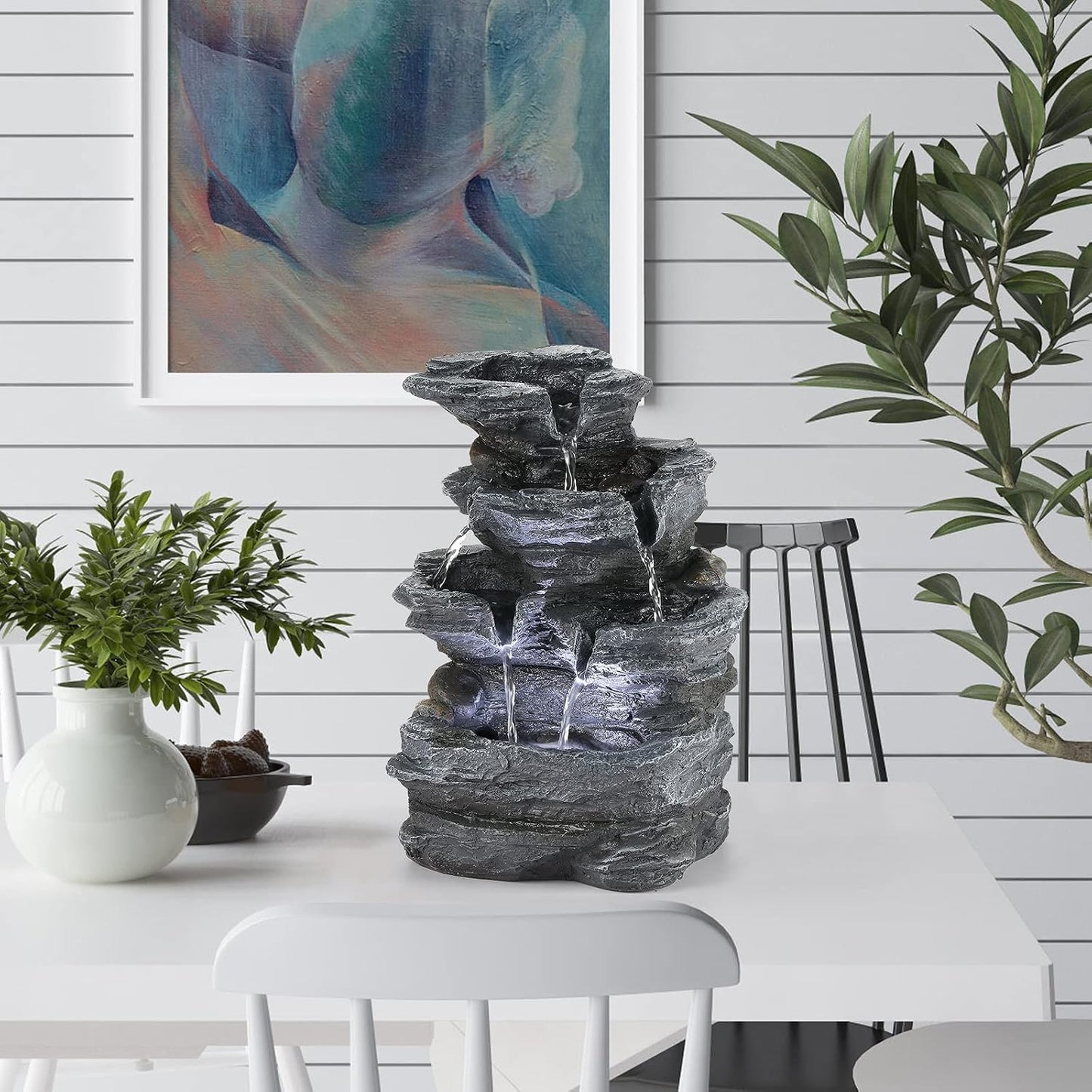 WICHEMI Indoor Fountain Tabletop Fountain Waterfall Fountains Stacked Rocks | Desktop Fountain With LED Light, Soothing Sound, Stress Relief, Humidifies Air, No Plumbing, Easy Setup, 11.8"X8.7"X5.9"