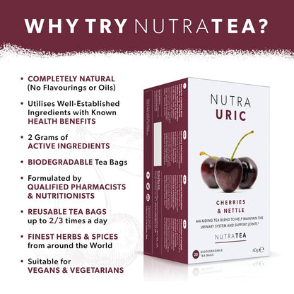 Nutra Tea NUTRAURIC - Uric Acid Cleanse and Kidney Support – Kidney Cleanse Tea – Includes Cherry, Nettle & Turmeric - 20 Enveloped Tea Bags - Herbal Tea