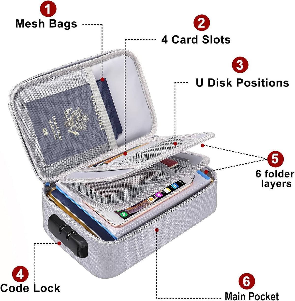 ENGPOW Small Fireproof Storage Organizer Case with Lock, 9”x 5.3”x 3.7”