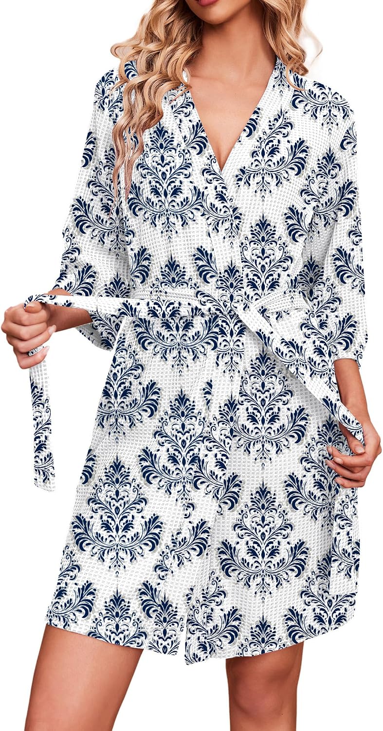 Ekouaer Robes for Women Waffle Knit Bathrobe Soft Lightweight Knee Length Loungewear S-XXL
