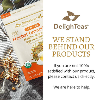 DelighTeas Organic Turmeric Ginger Tea | Ayurvedic Loose Leaf Herbal Turmeric Tea for Mobility, Immune & Digestive Support | Non-GMO, Caffeine Free, Unsweetened | 50 Servings, 4oz.