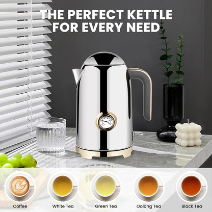 SUSTEAS Electric Kettle - 57oz Hot Tea Water Boiler with Thermometer, 1500W Fast Heating Stainless Steel Pot, Cordless LED Indicator, Auto Shut-Off & Boil Dry Protection, Retro Green