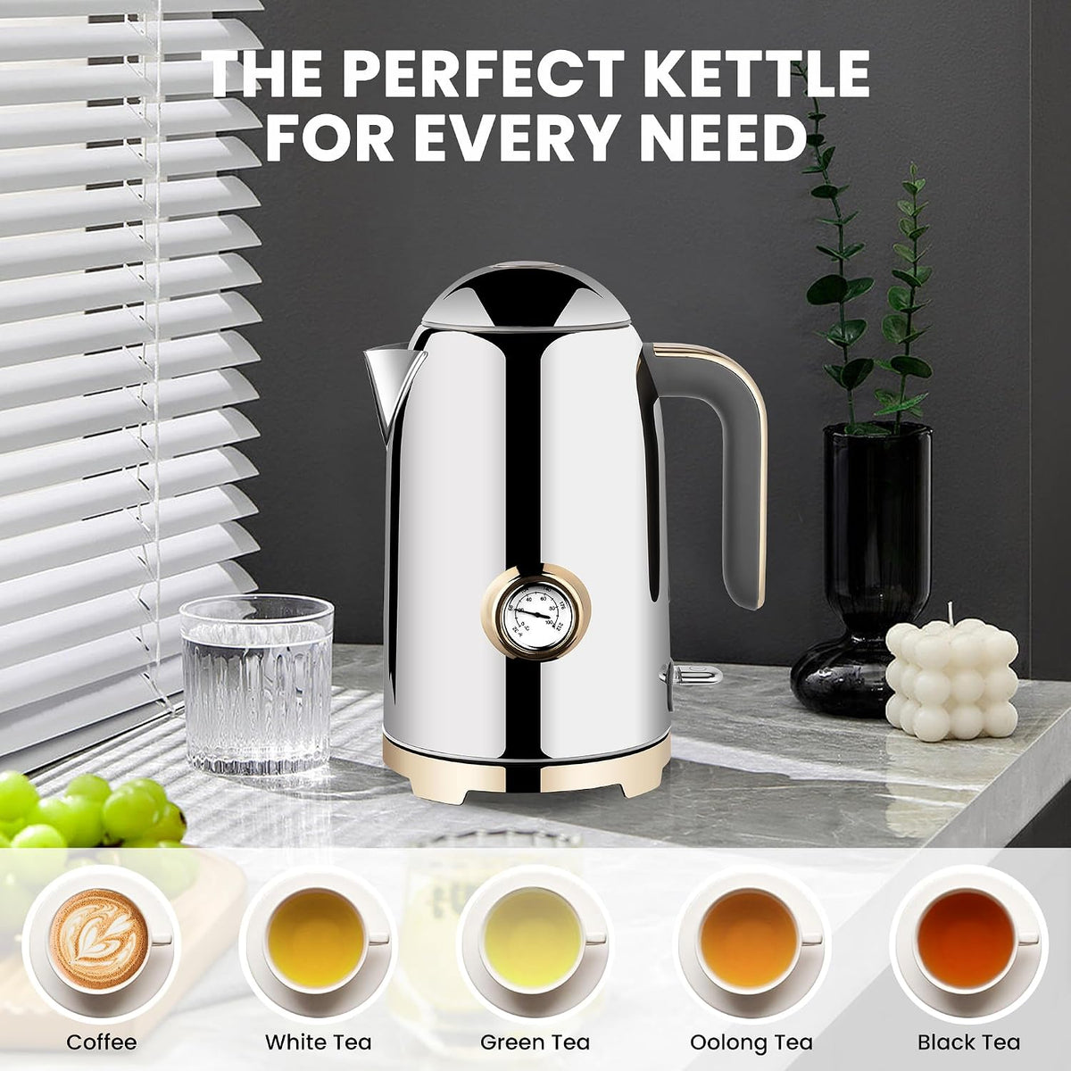 SUSTEAS 57oz Electric Kettle with Thermometer, Hot Water Pot, Retro Green