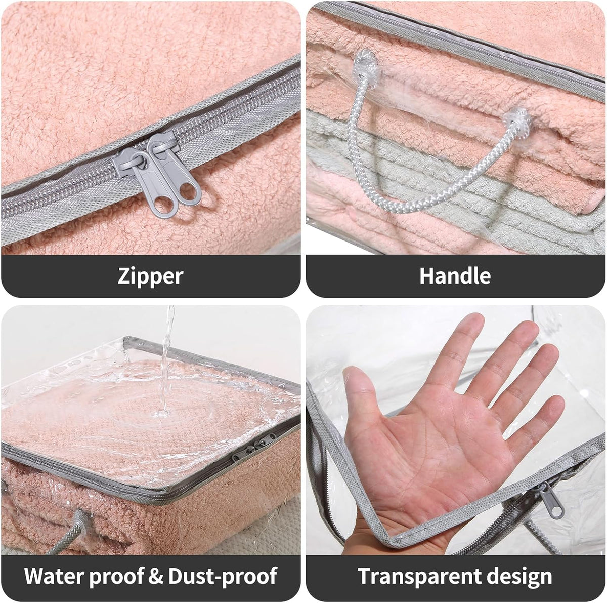 10-Pack Clear Zippered Storage Bags with Handles, Two-Way Zipper Foldable Closet Organizer, Bed Sheet Organizer, Plastic Storage Bin for Clothes, Towels