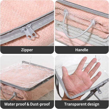 10-Pack Clear Zippered Storage Bags with Handles, Two-Way Zipper Foldable Closet Organizer, Bed Sheet Organizer, Plastic Storage Bin for Clothes, Towels
