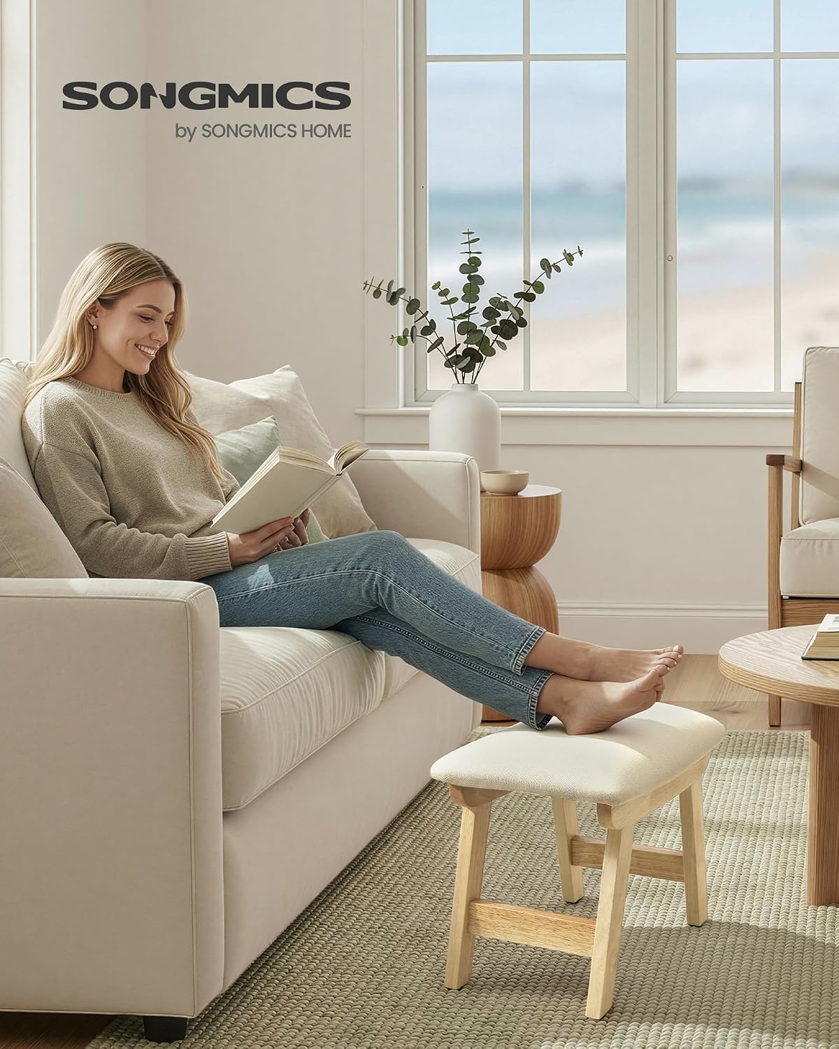 SONGMICS Foot Stool Ottoman, Padded Foot Rest Under Desk with Solid Wood Frame, Removable Cover, for Living Room, 9.8 x 15.4 x 11.8 Inches, Summer Sand and Brown ULSF052LF01