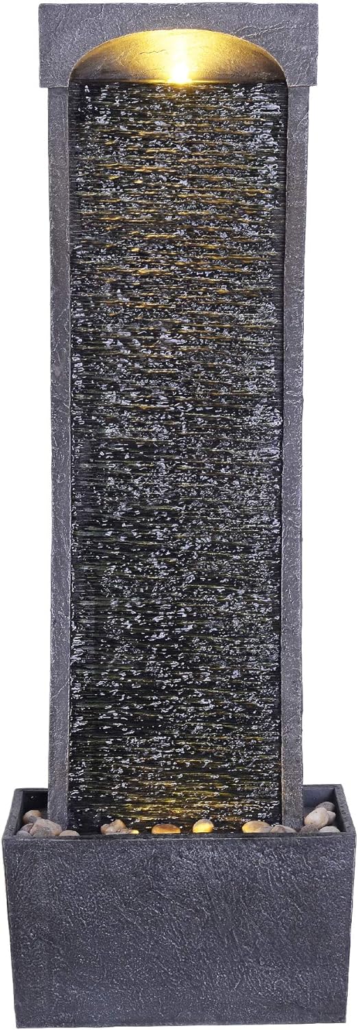 Teamson Home 38.58 in. Modern Curved Faux Slate Waterfall Fountain for Indoors or Outdoors with LED Light Accents and 1.98-Gallon Pump, Black and Stone Gray | Freestanding Floor Garden Waterfall, LED Lights, Weatherproof Polyresin, For Patio & Yard