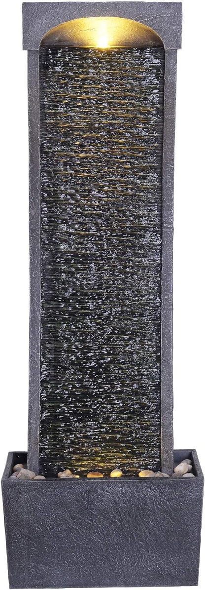 Teamson Home 38.58 in. Modern Curved Faux Slate Waterfall Fountain for Indoors or Outdoors with LED Light Accents and 1.98-Gallon Pump, Black and Stone Gray | Freestanding Floor Garden Waterfall, LED Lights, Weatherproof Polyresin, For Patio & Yard