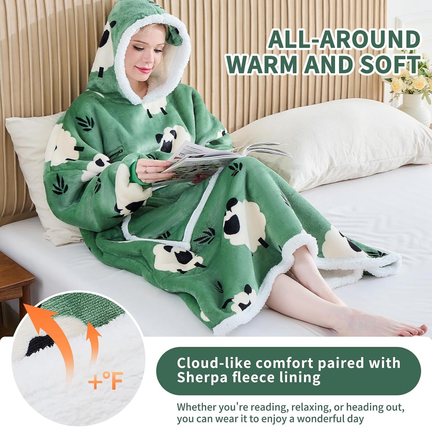 IFNOW Wearable Blanket Hoodie, Oversized Sherpa Fleece Hooded Blanket Sweatshirt with Eye Mask and Pocket, Comfy Long Flannel Blanket for Adults Men,Gifts for Women Mom Girlfriend,MoonFace