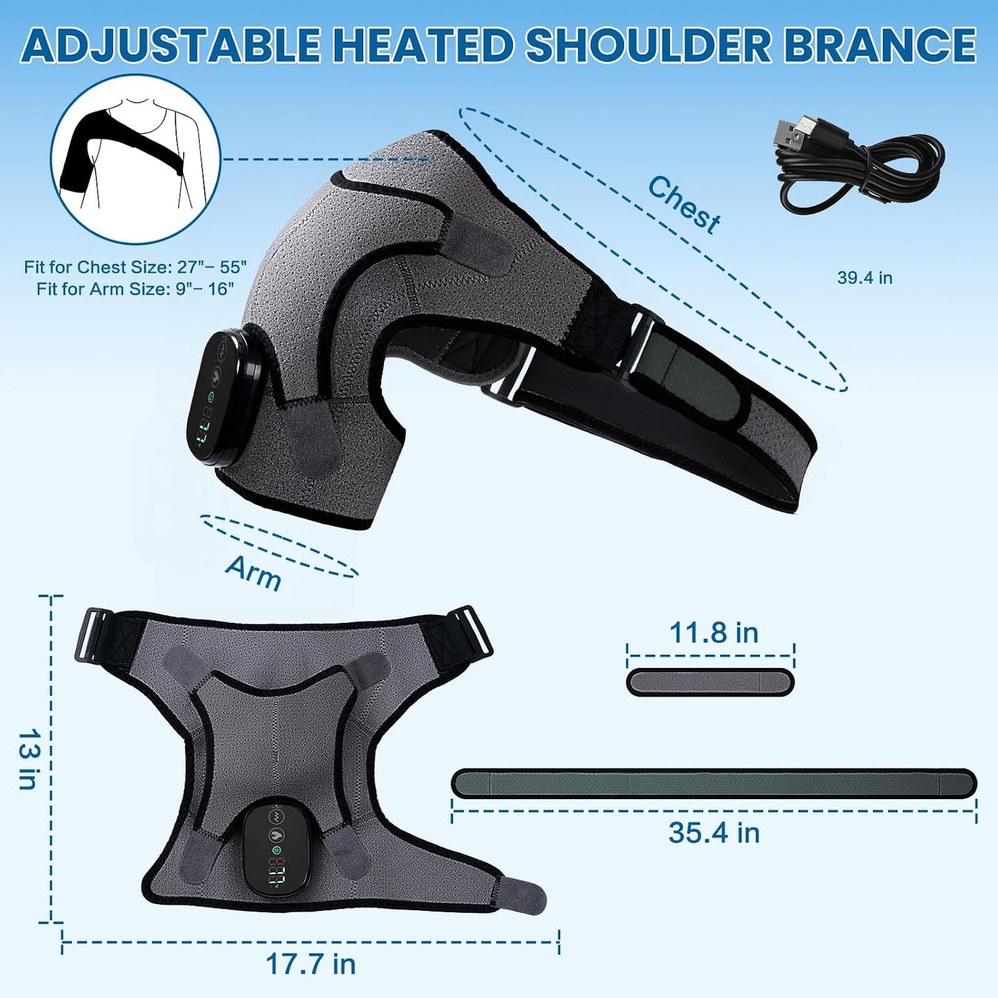 Cordless Shoulder Heating Pad & Massager, Electric Heated Shoulder Brace Wrap, Heating Pads for Rotator Cuff and Frozen Pain Relief,5000mAh Chargeable Powered, Men & Women(Black)