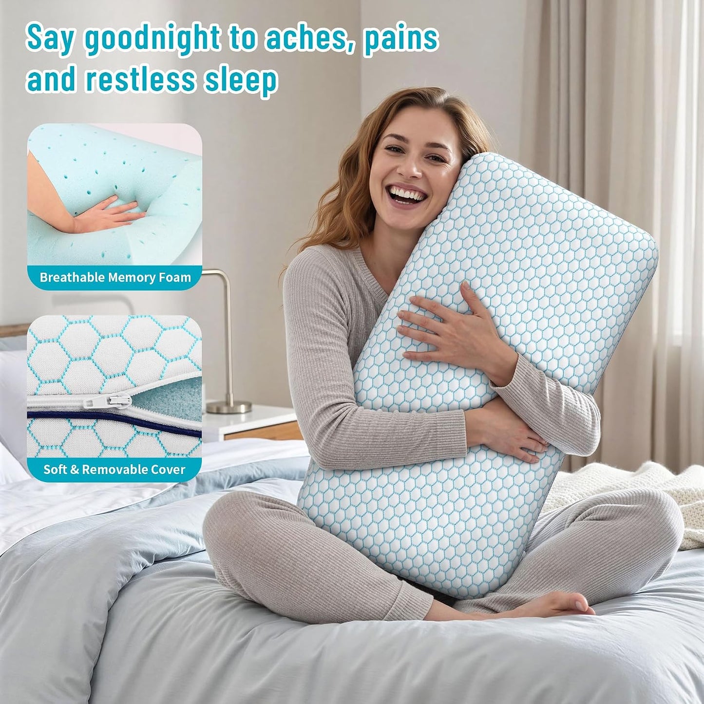 CushyOasis Memory Foam Pillows for Side, Back and Stomach Sleepers, Set of 2, Bed Pillow with Washable Cover and Breathable Mesh, Bed Pillow for Sleeping (Blue，Standard Size)