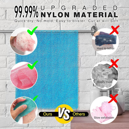 UJFQBH 3 Pieces African Bath Sponge African Net Long Net Bath Sponge Exfoliating Shower Body Scrubber Back Scrubber Skin Smoother,Great for Daily Use (Pink,Yellow,Purple)