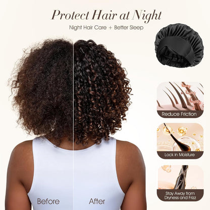 LC-dolida Satin Silk Bonnet for Sleeping Women Men, 2-in-1 Adjustable Hair Bonnet for Curly & Natural with Sleep Mask, Reduce Frizz, Lock in Moisture, Prevent Breakage and Tangles(Black)