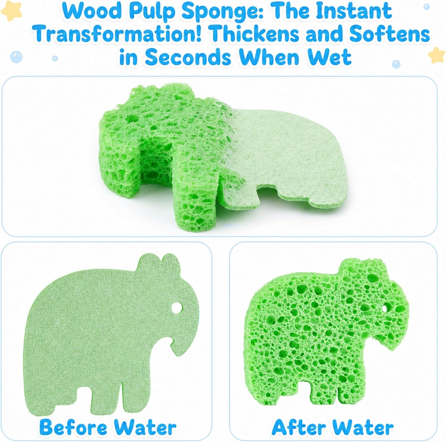 Yookat 3Pcs Cute Baby Bath Sponge Natural Soft Kids Bath Sponge with Cat Koala Elephant Shapes Plant Based Wood Pulp Cotton Shower Sponge for Infant Toddler Newborns