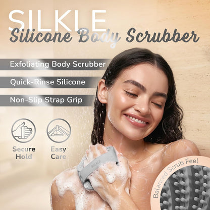 SILKLE Silicone Body Scrubber – Gentle Exfoliating Shower Scrubber for Body & Bath, Silicone Shower Brush & Loofah Alternative – Non-Slip Silicone Body Brush, Quick Dry, Hygienic - Pink