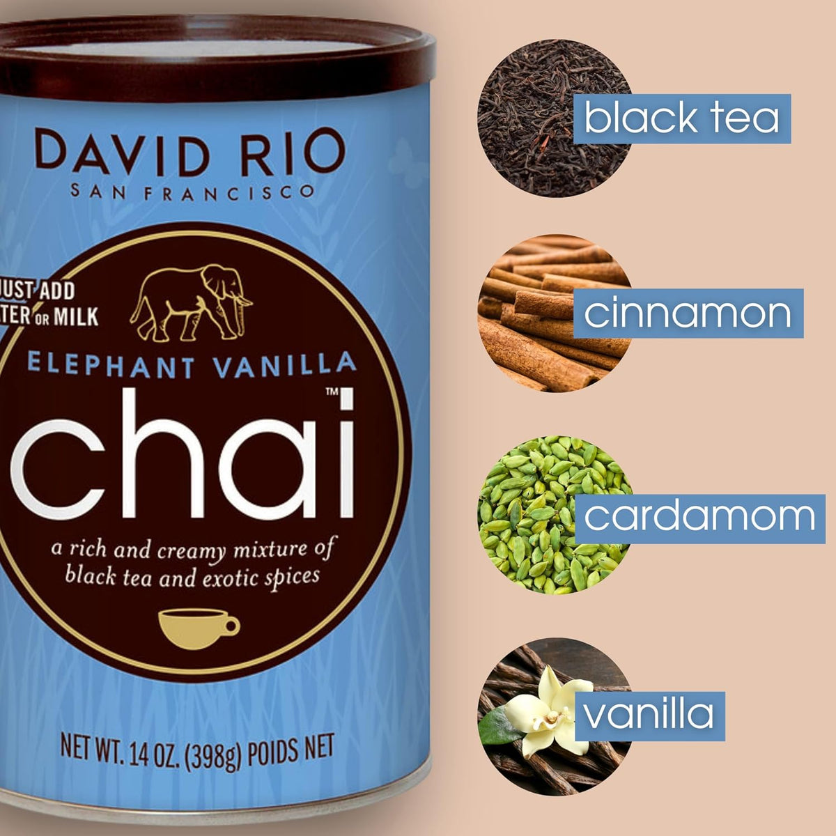 David Rio Elephant Vanilla Chai Tea Latte Mix, 14 Oz