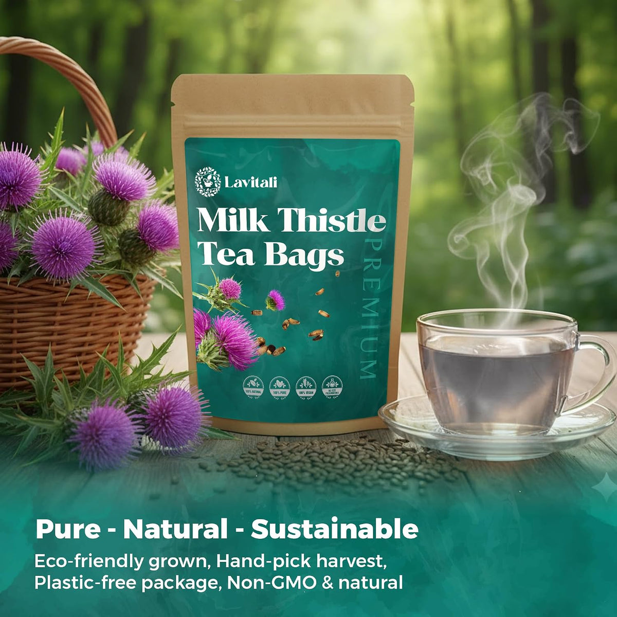 Lavitali, Milk Thistle Tea Bags | 120 bags, 100% Pure Herbal Tea | Caffeine-Free, Antioxidant-Rich, Eco-Friendly Filter Bags | Daily Natural Botanical, Hot or Iced Herbal Infusion