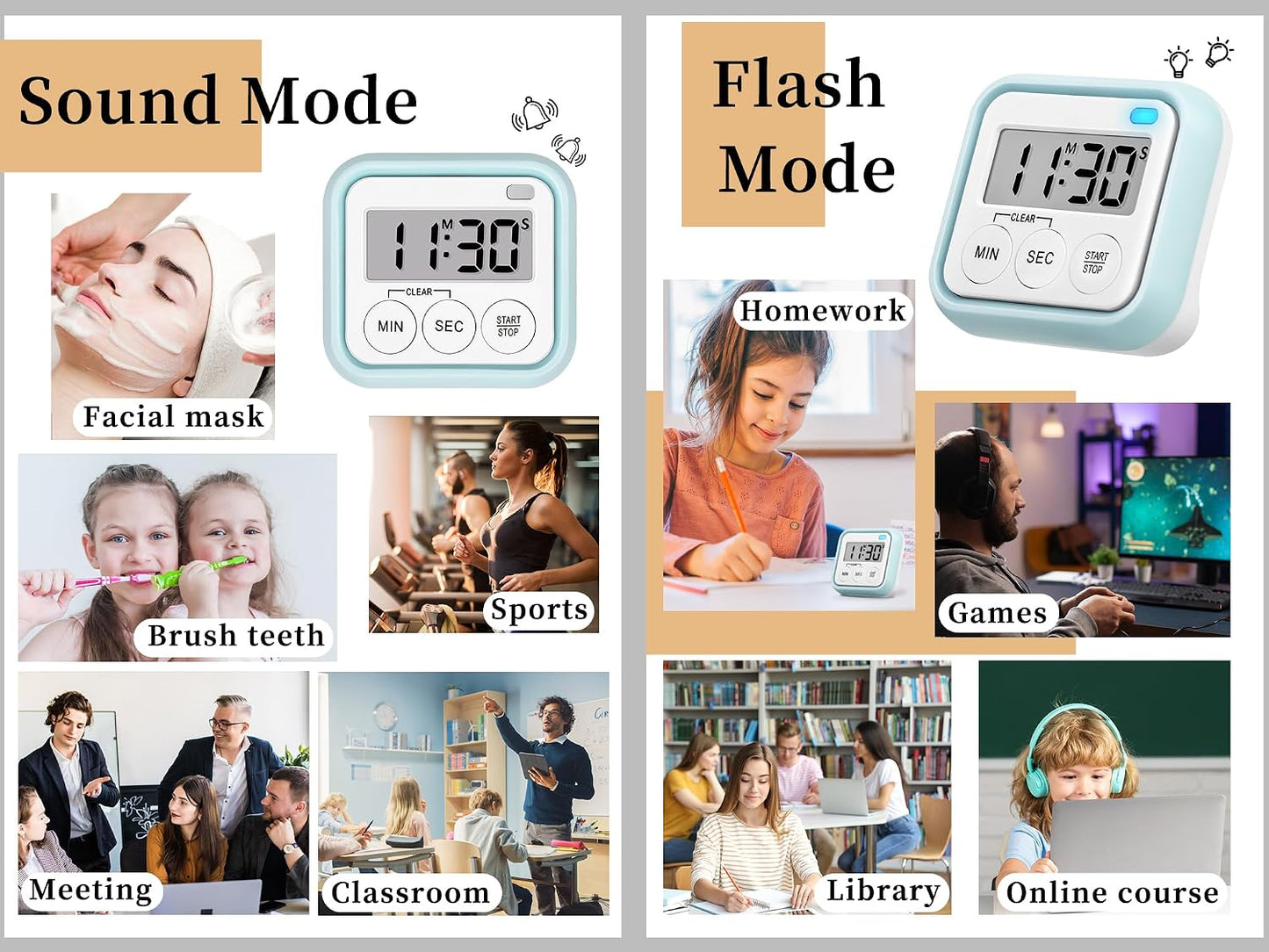 Timer, Kitchen Timers for Cooking Classroom Timer for Kids Teachers Magnetic Digital Timers 2 Pack, Black