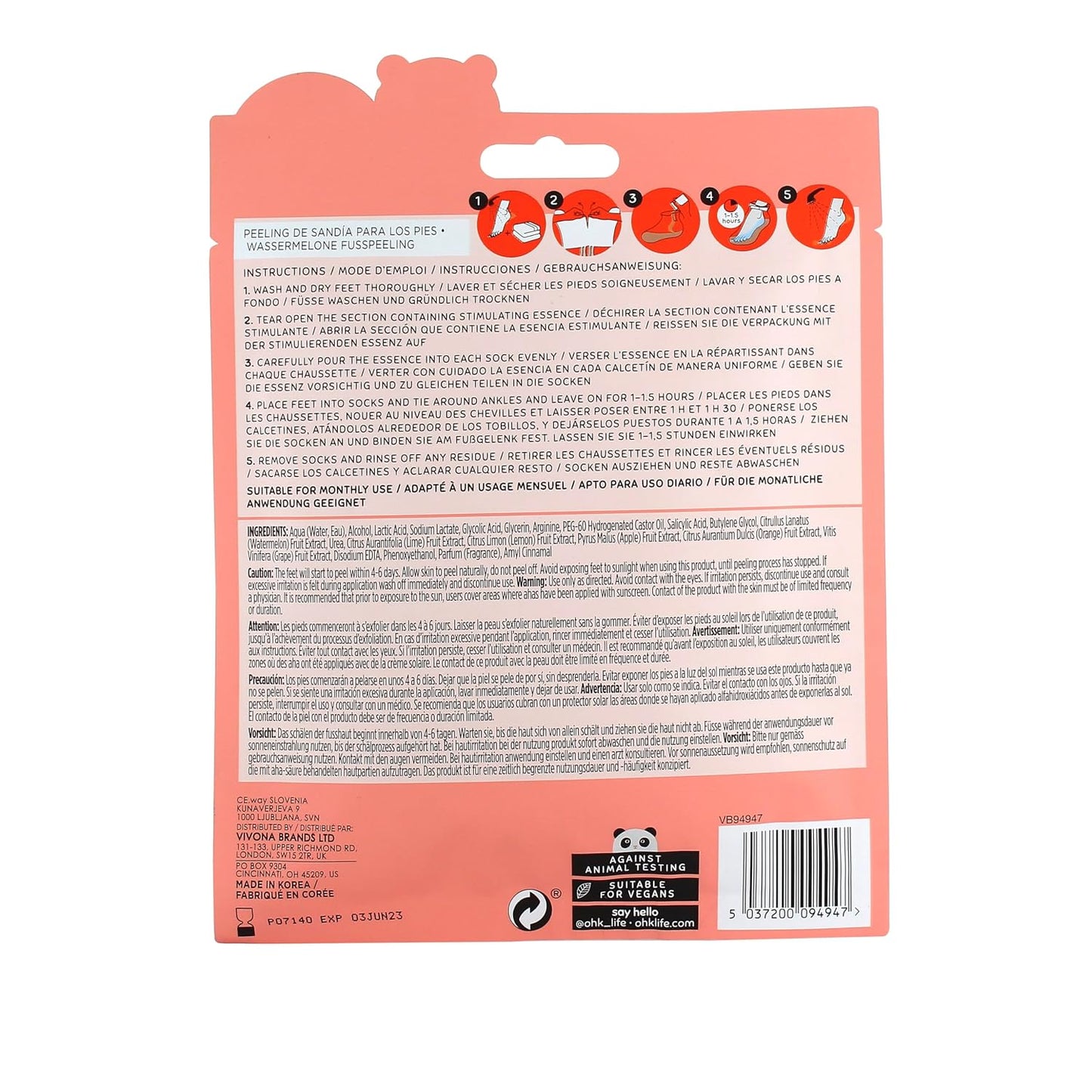 Oh K! Foot Peel Mask - Pomegranate - Foot Peeling Mask for Dry Feet and Cracked Heels - Feet Exfoliant with Pomegranate and Coconut Oil - 1 Pair