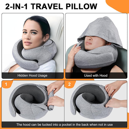 Travel Pillow - Hooded Neck Pillow Airplane Memory Foam Filling for Plane, Office, Cars Sleeping, Road Trip, Long Flights, Airplane Travel Essentials, Includes Eye Mask & Earplugs (Green)