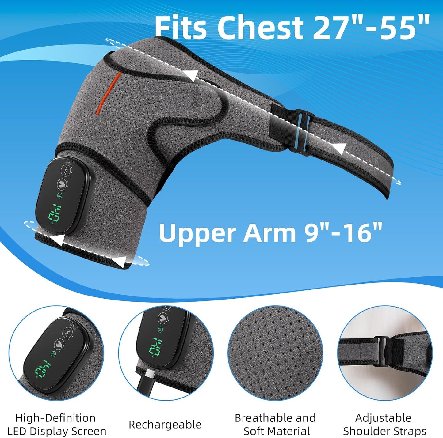 Cordless Shoulder Heating Pad with Massager, 5000mAh Rechargeable Heated Shoulder Wrap with 3 Timer,3 Vibration,3 Heat, Shoulder Brace for Rotator Cuff Pain Relief & Deep Tissue Comfort, Men & Women