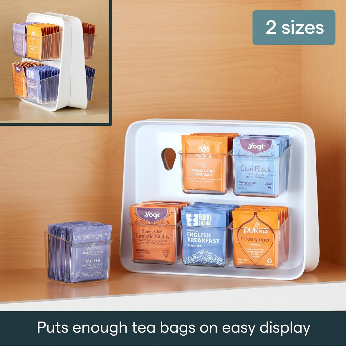 YouCopia TeaStand Tea Bag Organizer with Clear Removable Bins, Cabinet or Pantry Storage Caddy, 80-Bag