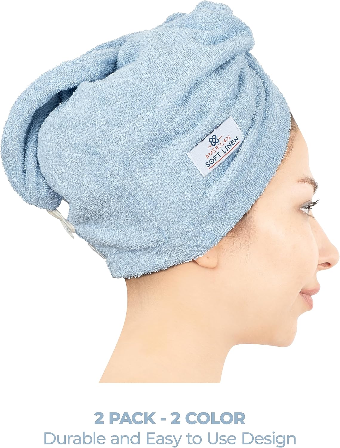 American Soft Linen 100% Cotton Hair Towels for Women, Head Towel Cap, Cotton Hair Turban Towel Wrap for Long Curly Anti Frizz Hair, Soft and Absorbent Cotton Hair Towels 2 Pack, White