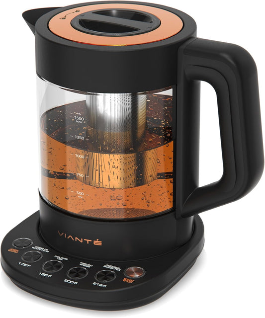 Viante Alba Electric Tea Kettle with Infuser, No Plastic In Contact With Water, 1.5L Borosilicate Glass, 304 Stainless Steel, 4 Temperature Presets, Keep Warm, Cordless, Auto Shut-Off