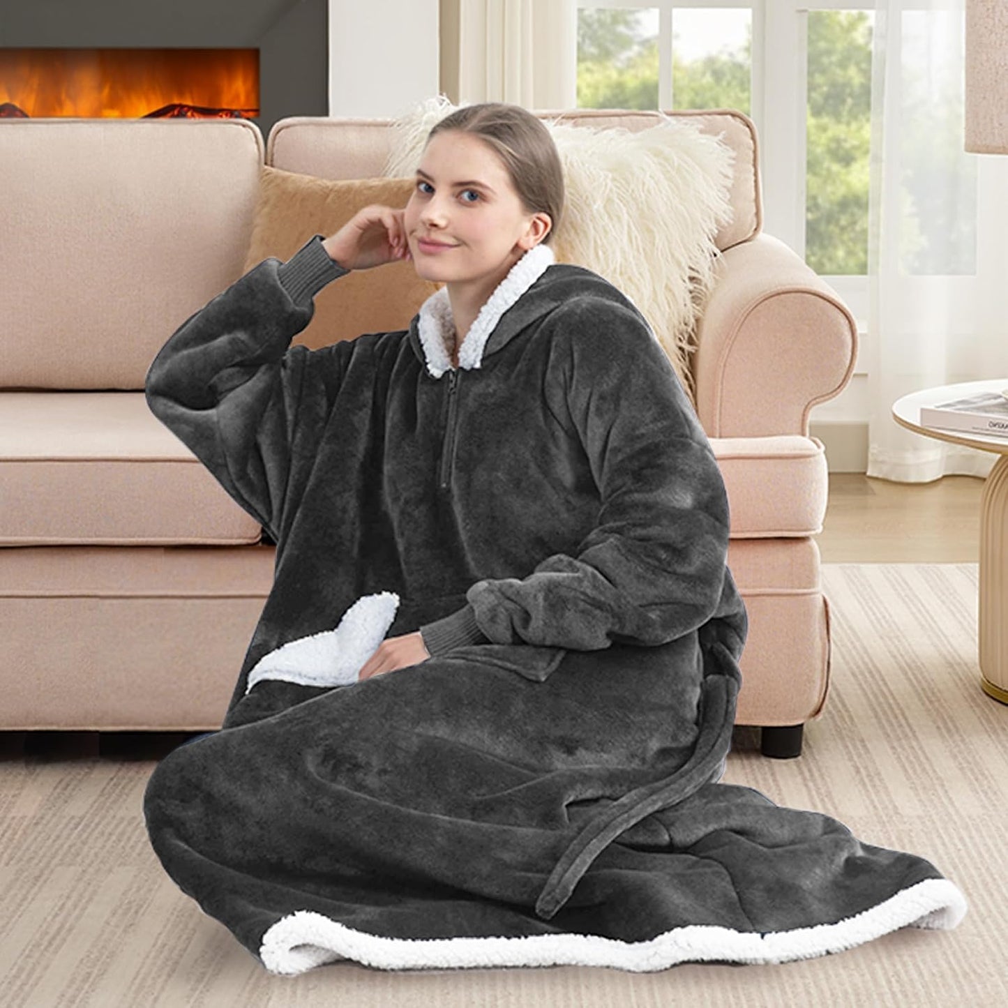Touchat Wearable Blanket Hoodie, Oversized Sherpa Blanket Sweatshirt with Hood Pocket and Sleeves, Super Soft Warm Plush Hooded Blanket for Adult Women Men, One Size Fits All (Pink)