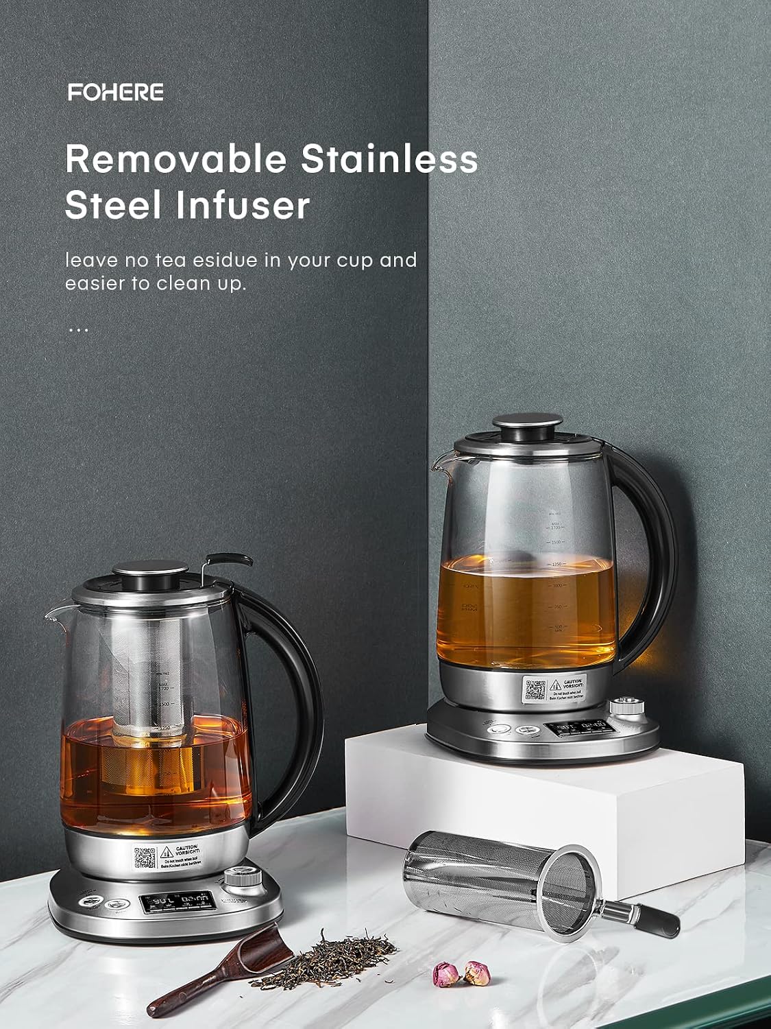 Electric Tea Kettle, 9 Temperature Control Presets Glass Kettle, 1200W Tea Pot with Removable Infuser, 2 Hours Keep Warm, 1.7 Liter Electric Kettles, Borosilicate Glass & Stainless Steel