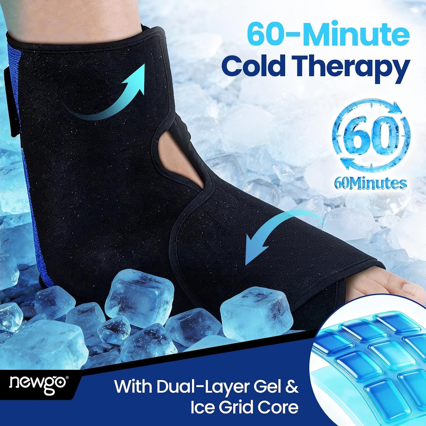 NEWGO Foot Ice Pack Wrap for Plantar Fasciitis, 60-Minute Long Lasting Heel Ice Pack with Ice Grids Design for Foot Surgery, Sprained Ankle, Heel Pain, Swelling