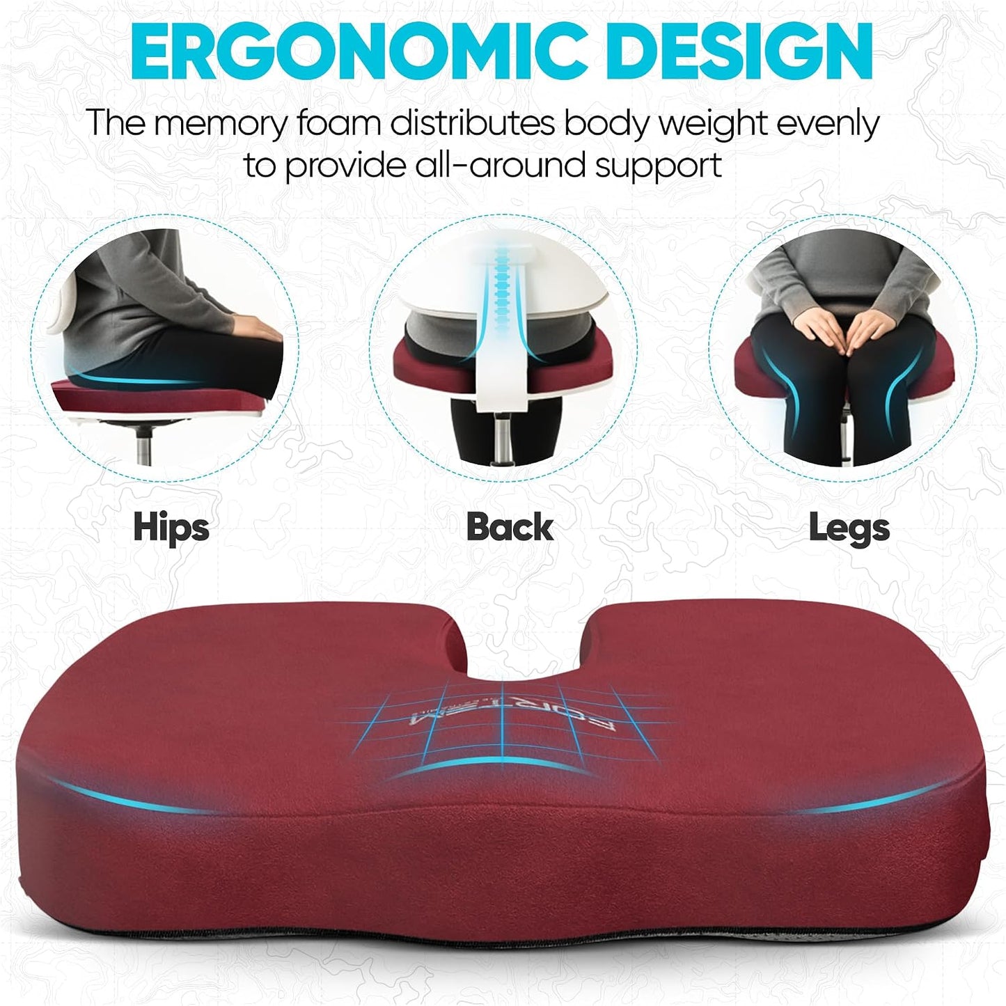 FORTEM Seat Cushion, Office Chair Cushion, Memory Foam Car Seat Cushions, Sciatica Coccyx Tailbone Pain Relief, Chair Cushions for Back Support, Sitting Pad for Gaming, Washable Cover, Non Slip