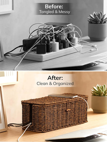 Cable Management Box, Cord Organizer with Lid & Cable Ties - Brown, L