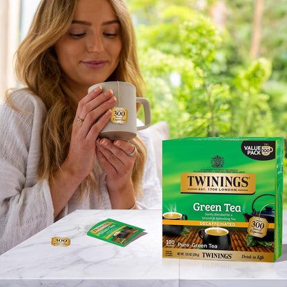 Twinings Decaffeinated Green Tea Individually Wrapped Bags, 100 Count (Pack of 1), Smooth Flavour, Enticing Aroma, Enjoy Hot or Iced, 100 Teabags