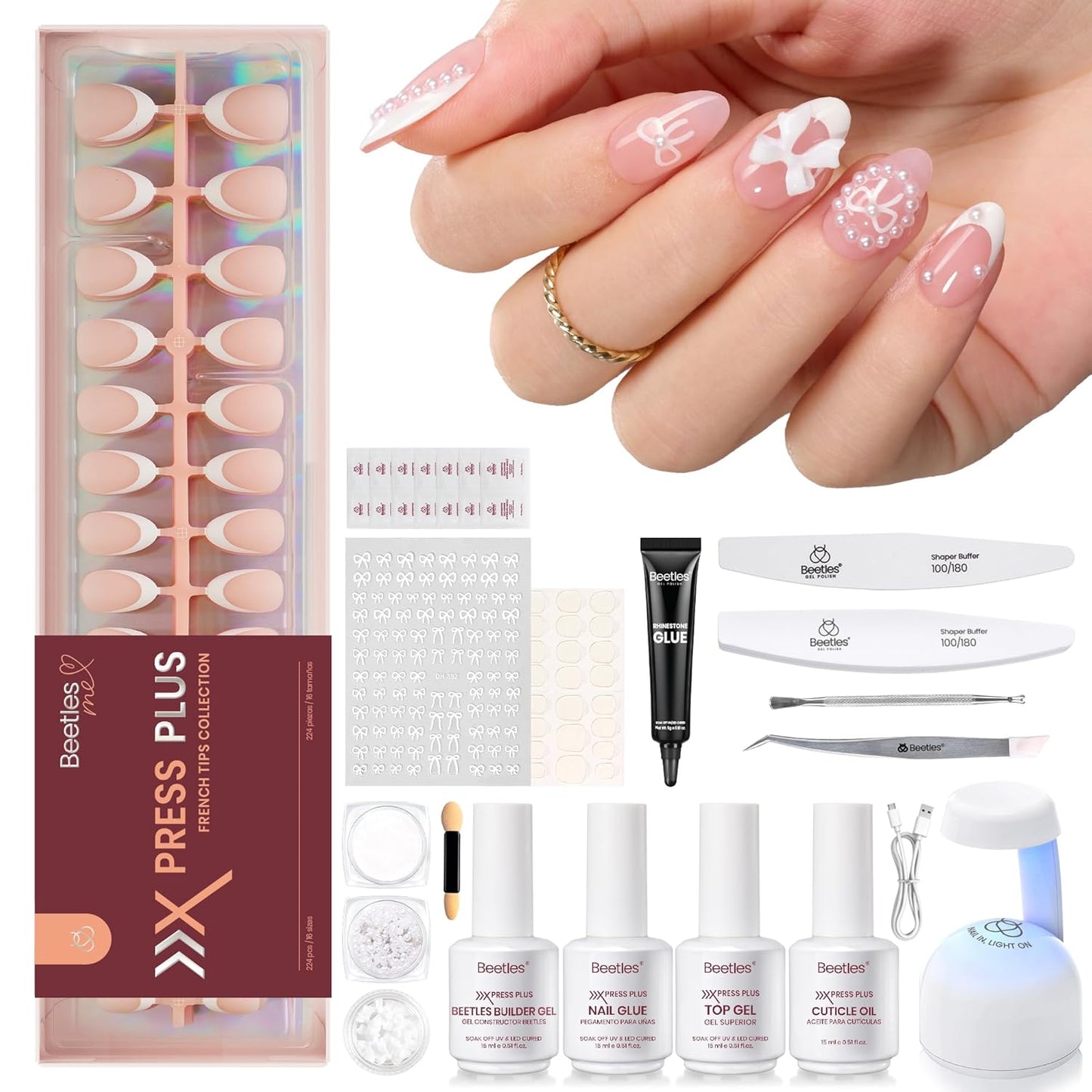 Beetles Press On Nail Kit-Short Square French Tip Press On Nails, 150Pcs Pink French Nail Tips with Nail Glue & Remover Builder Top Coat Nail Lamp, All-in-One DIY Fake Nails Gift for Women