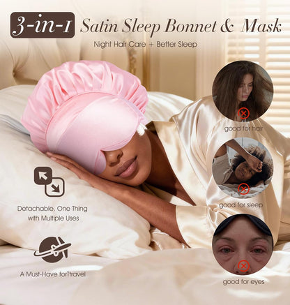 LC-dolida Satin Silk Bonnet for Sleeping Women Men, 2-in-1 Adjustable Hair Bonnet for Curly & Natural with Sleep Mask, Reduce Frizz, Lock in Moisture, Prevent Breakage and Tangles(Black)
