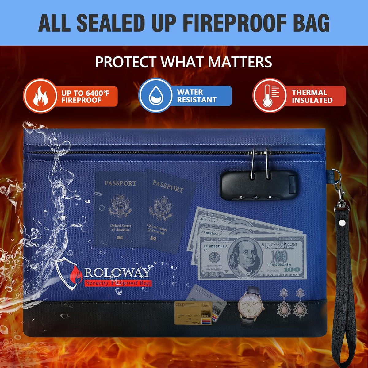 ROLOWAY Fireproof Money Bag with Lock for Cash, 6400°F Fire Proof Document Bag (12.2 x 8.5 x 1.6 inches), Money Pouch with Zipper (Pink)