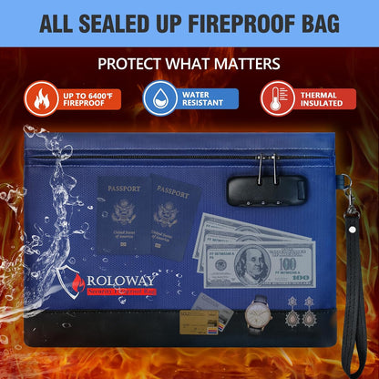 ROLOWAY Fireproof Money Bag with Lock for Cash, 6400°F Fire Proof Document Bag (12.2 x 8.5 x 1.6 inches), Money Pouch with Zipper (Pink)