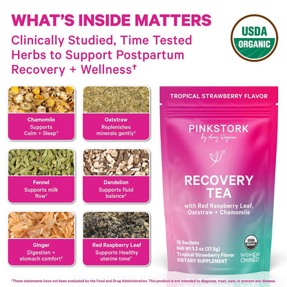 Pink Stork Postpartum Recovery® Herbal Tea, Strawberry, 15 Sachets