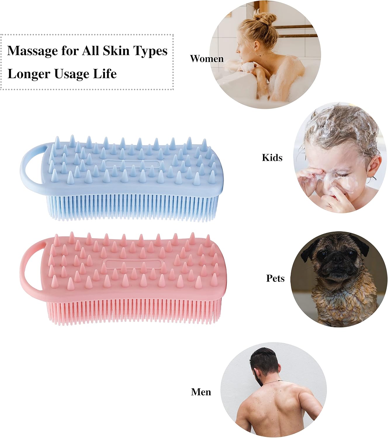 MtBoi 2 PC Silicone Body Scrubber, 2 in 1 Exfoliating Shower Bath Scrubber, Soft Silicone Loofah for Sensitive Skin, Shower Hair Scalp Massager, Easy to Clean, Lather Well (Grey&Black)