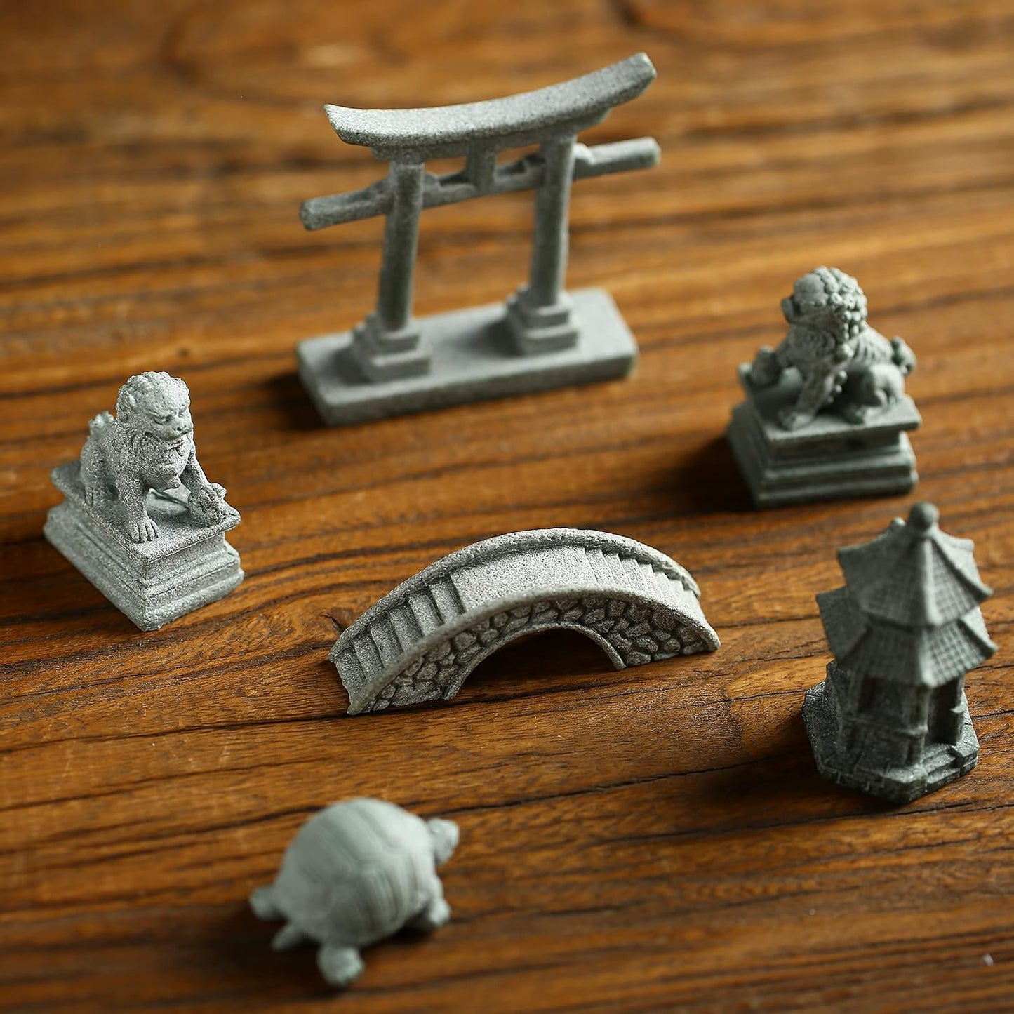 6 PCS Mini Zen Garden Accessories, Miniature Garden Bridge Foo Dogs Torii Gate Sandstone Figurines Meditation Zen Decor Japanese Fish Tank Terrarium Bonsai Decorations (Art Deco)