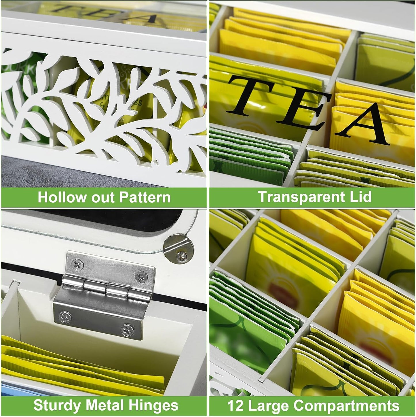 Tea Box Organizer,Wood Tea Organizers and Storage,12 Compartments Teas Bag Organizers,Teas Bag Holder Organizer,Wooden Storage Box for Countertop Kitchen Cabinet Pantry