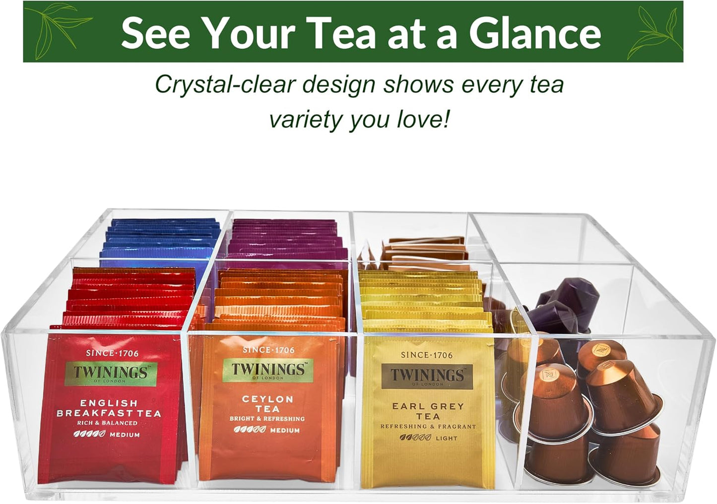 Heavy-Duty Acrylic Tea Bag Organizer, 8-Compartment Storage Box | Perfect Organizer: 8-compartment design keeps tea bags and coffee pods neatly sorted, saving space on your countertop.