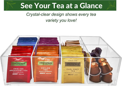Heavy-Duty Acrylic Tea Bag Organizer, 8-Compartment Storage Box | Perfect Organizer: 8-compartment design keeps tea bags and coffee pods neatly sorted, saving space on your countertop.