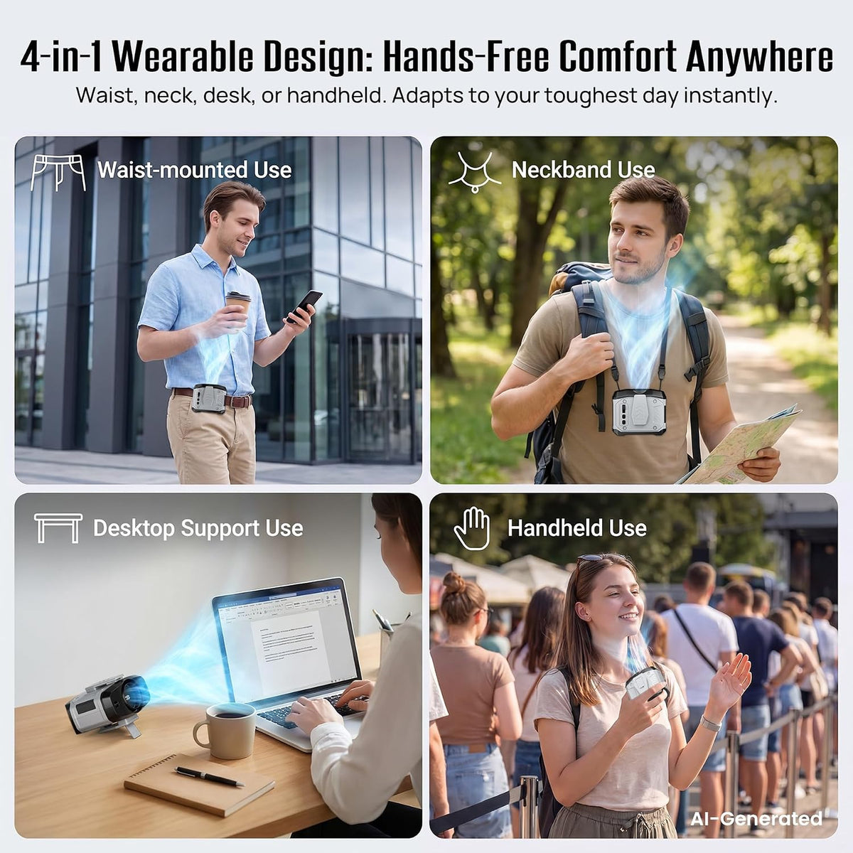 AJVV Portable Waist Fan Wearable Belt Fan Clip on Fan for Shirt, 40H Max Personal Cooling, for Camping, Outdoor, Jobsite, Travel (Off-white)