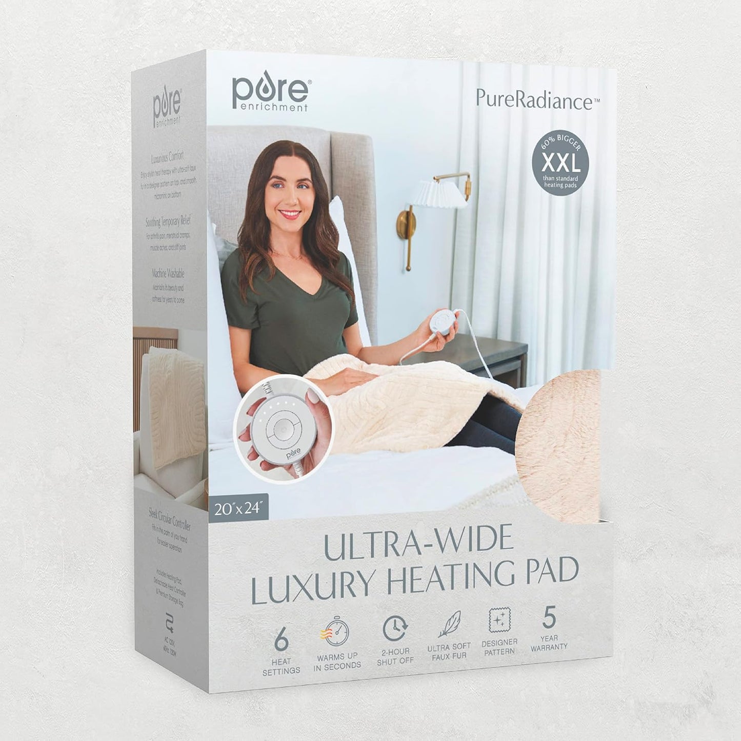 Pure Enrichment PureRadiance Luxury Heating Pad for Cramps, Back, Neck, & Shoulder Pain Relief, Patented Design, Soft Faux Fur & Micromink, 6 Heat Settings, Machine Washable, 12”x24” (Golden Sands)