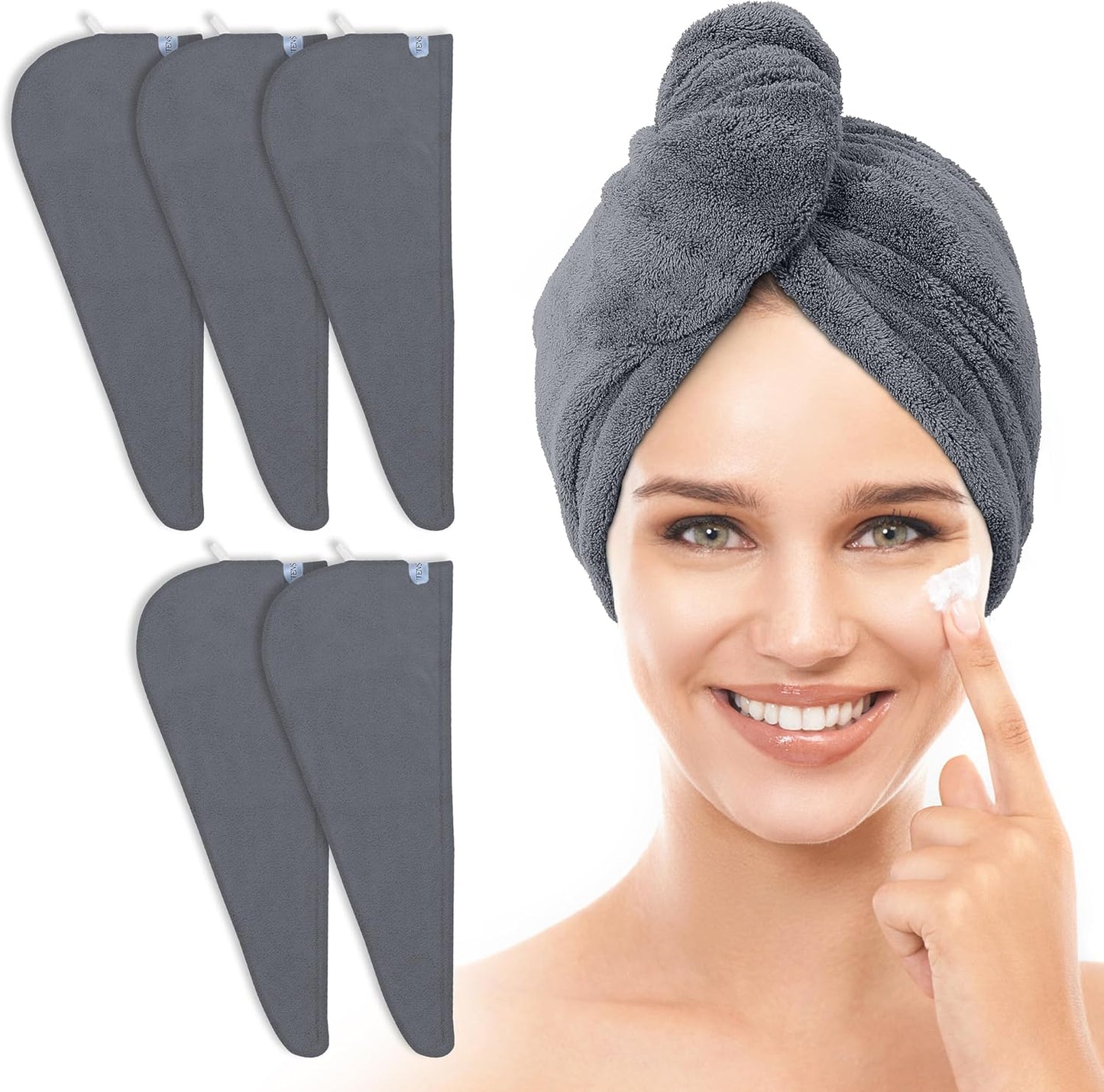 TENSTARS 5 Pack Thicken Microfiber Hair Towel Wrap for Women - Elastic Loop Design - 320GSM Coral Velvet - Quick Dry Hair Turban - 11x28 Inch (Pink)