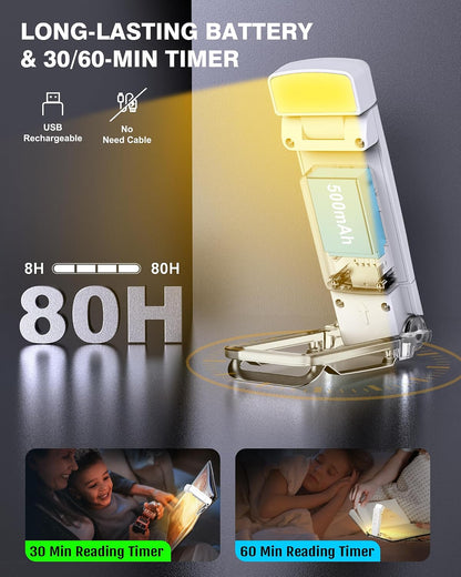 2-Pack Book Lights for Reading at Night, USB Rechargeable Book Light for Reading in Bed, Portable Clip-on LED Reading Light, 30/60-min Timer, 3 Amber colors, 5 Brightness Dimmable, 6 Bookmarks, Kids
