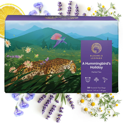 Blooms & Leopard Premium Herbal Tea – A Hummingbird's Holiday Blend with Chamomile, Lavender, Valerian Root, Butterfly Blue Pea Flower, Lemon Peel & Rose Petals – 20 Caffeine-Free Pyramid Tea Bags