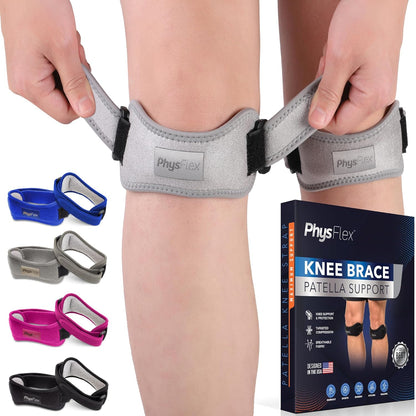 PhysFlex 2 Pack Patellar Tendon Support Strap - Knee Brace for Pain Relief, Patella Band for Basketball, Jumpers Knee, Tendonitis, Adjustable Patella Stabilizer Strap for Men & Women
